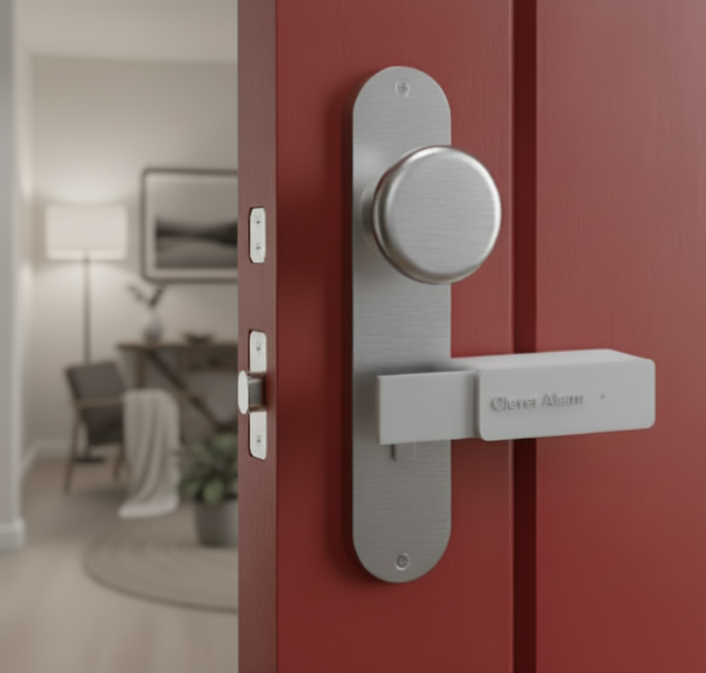 Cleveralarm montiert auf einer Wohnungstür mit Beschriftungen