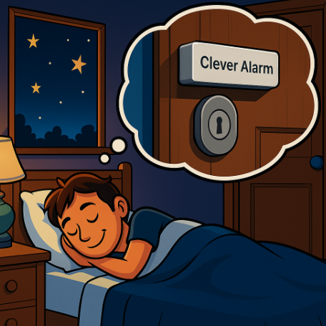 Cleveralarm montiert auf einer Wohnungstür mit Beschriftungen