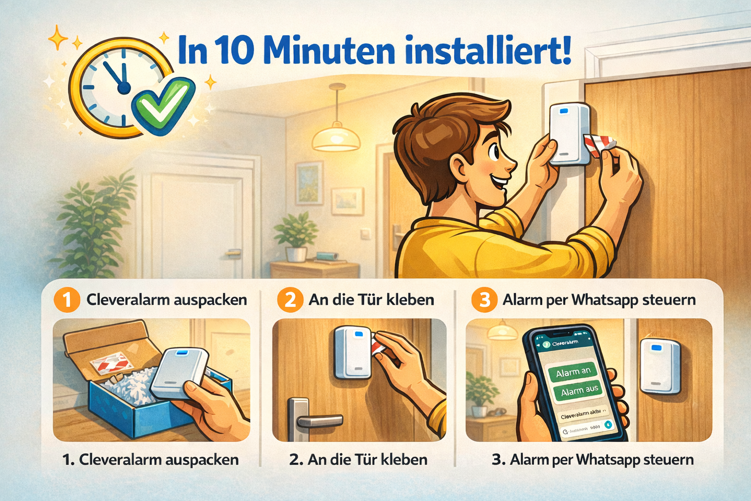 Cleveralarm montiert an Wohnungstür